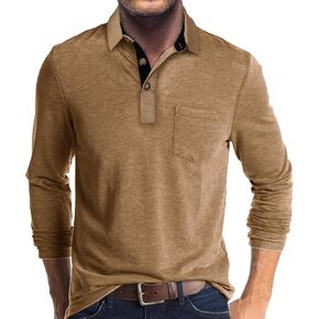 Mens Long Sleeve Polo Shirts Casual Fashion Button Up Collared Golf T Shirts with Pocket