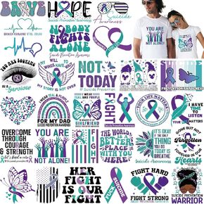 Chiisong 30 Pcs Suicide Prevention Awareness Iron on Transfers Sticker Prevention Suicide Items Teal Purple DTF Transfers Ready to Press Heat Transfer Sticker Iron on Decals for T Shirts Groups Events
