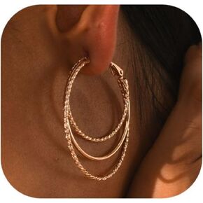 Smooth and Textured Wire Rose Gold Hoop Earrings for Women Lightweight Hypoallergenic Thin Big Triple Hoop Earrings for Women