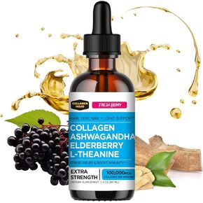 Collagen Mojo Liquid Collagen Peptides with Ashwagandha, Elderberry & L-Theanine. High Potency and Absorption Formula. Hair, Skin, Nail + Joint Support. Stress Relief & Boost Immunity 2 Oz.