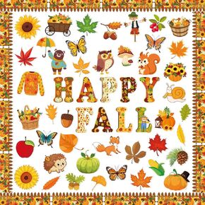 HOWAF 80 PCS Happy Fall Classroom Bulletin Board Decorations, Fall Thanksgiving Maple Leaves Pumpkin Acorns Cutouts Bulletin Board Stickers with 160 Glue for Autumn Classroom School Party Supplies