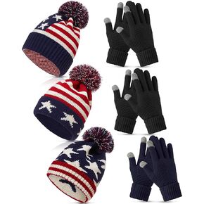 6 Pcs American Flag Winter Beanie Hat Touchscreen Gloves Set, USA Beanie Hat American Flag Pom Knit Beanie Hat for Women Men (Fresh Style)