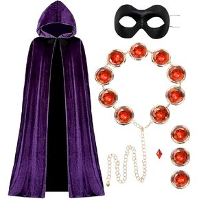Women's Halloween Cosplay Costume Hooded Purple Cape Cloak Anime Cosplay with Red Gem Waist Belt Eye Mask Costumes Props Set