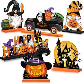Soaoo 6 Pieces Halloween Wooden Table Centerpieces Decor Happy Halloween Wood Centerpiece Signs Pumpkin Gnome Witch Hat Trick or Treat Table Toppers for Halloween Party Home Table Decor in Kuwait