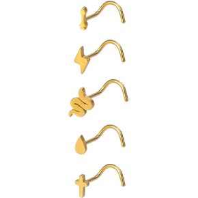 5Pcs 20G Stainless Steel Screw Nose Rings Nose Studs Simple Cross Teardrop Snake Lightning Nostril Nose Piercing Jewelry for Women Men
