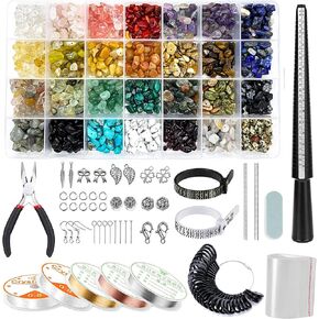 MueKeesam 1784Pcs Jewelry Making Kit with 28 Colors Gemstone Crystal Beads, Earring Making Kit with Silver Charms, Jewelry Beading Wire, Plier, DIY Ring Sizer Measuring Tool for Girls, Women, Adults