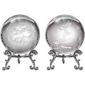 2 Pack Crystal Balls with Stand, 60mm/2.4 inch 3D Laser Engraved Meditation Balls, Crystal Chinese Dragon Fairy Dragonfly Glass Sphere, Feng Shui Fortune Telling Ball for Gift Art Home Decor