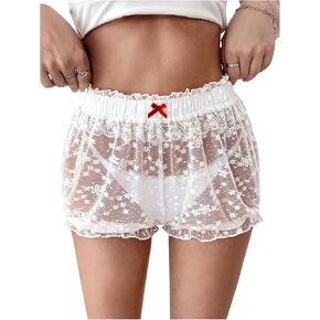 MakeMeChic Women's Floral Lace Pumpkin Shorts Bow Front Elastic High Waisted Ruffle Shorts