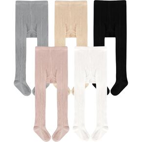 Meeshine 5 Pack Baby Girls Tights Toddler Cable Knit Leggings Footed Stockings Solid Cotton Pantyhose for Kids 1-8T