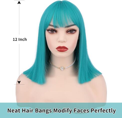 شعر مستعار بوب أزرق مخضر وأخضر مزرق قصير مع الانفجارات شعر مستعار بوب مستقيم شعر مستعار صناعي بدون دانتيل شعر مستعار كامل للنساء التأثيري أو الحفلات in Kuwait