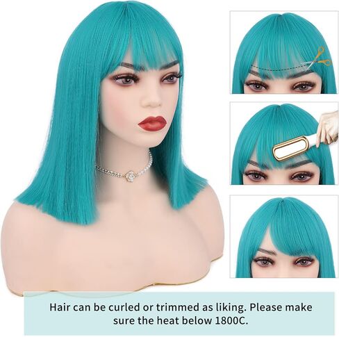 شعر مستعار بوب أزرق مخضر وأخضر مزرق قصير مع الانفجارات شعر مستعار بوب مستقيم شعر مستعار صناعي بدون دانتيل شعر مستعار كامل للنساء التأثيري أو الحفلات in Kuwait