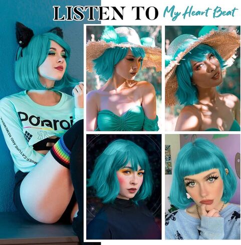 شعر مستعار بوب أزرق مخضر وأخضر مزرق قصير مع الانفجارات شعر مستعار بوب مستقيم شعر مستعار صناعي بدون دانتيل شعر مستعار كامل للنساء التأثيري أو الحفلات in Kuwait