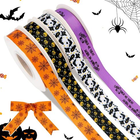 Halloween Ribbon 10 Yards Orange Ribbon 5/8" Grosgrain Ribbon Spider Cobweb Ribbon Halloween Ribbon Thin for Gift Wrapping Crafts DIY Halloween Packaging Ribbon Ribbed Ribbon Halloween Decor in Saudi Arabia