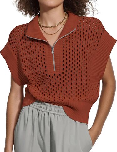 Oversized Hollow Knit Sweater Vest for Women Casual Half-Zip Cap Sleeve Crochet Knit Tank Tops in Saudi Arabia