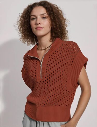 Oversized Hollow Knit Sweater Vest for Women Casual Half-Zip Cap Sleeve Crochet Knit Tank Tops in Saudi Arabia
