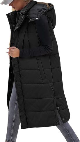 Long Puffer Vest Women With Hood Sleeveless Down Vest Warm Jacket Winter Coat With Pockets in Saudi Arabia