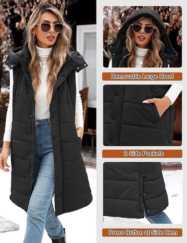 Long Puffer Vest Women With Hood Sleeveless Down Vest Warm Jacket Winter Coat With Pockets in Saudi Arabia