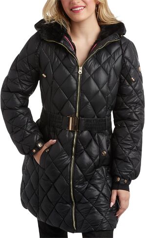 Jessica Simpson Women's Long Puffer Coat - Belted Faux Fur Lined Hooded Winter Coat - Quilted Puffer Jackets for Women (S-XL) in Saudi Arabia