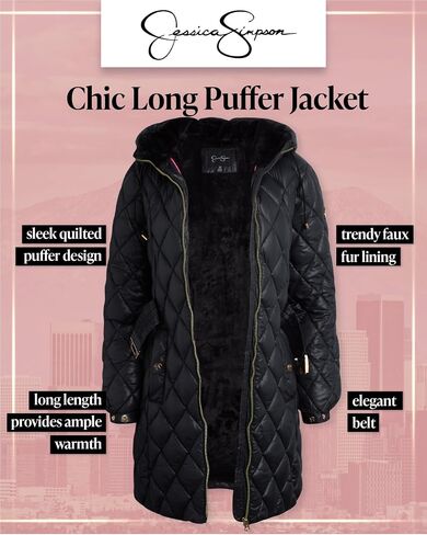 Jessica Simpson Women's Long Puffer Coat - Belted Faux Fur Lined Hooded Winter Coat - Quilted Puffer Jackets for Women (S-XL) in Saudi Arabia