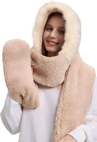 Winter Faux Fur Fuzzy Trim Sherpa Hooded Scarf Cute 3-in-1 Scarf Hat Gloves Set for Women in Kuwait