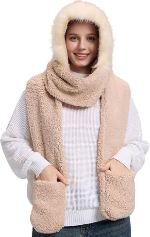 Winter Faux Fur Fuzzy Trim Sherpa Hooded Scarf Cute 3-in-1 Scarf Hat Gloves Set for Women in Kuwait
