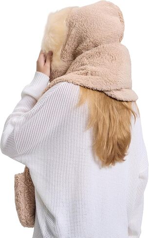 Winter Faux Fur Fuzzy Trim Sherpa Hooded Scarf Cute 3-in-1 Scarf Hat Gloves Set for Women in Kuwait