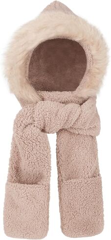 Winter Faux Fur Fuzzy Trim Sherpa Hooded Scarf Cute 3-in-1 Scarf Hat Gloves Set for Women in Kuwait