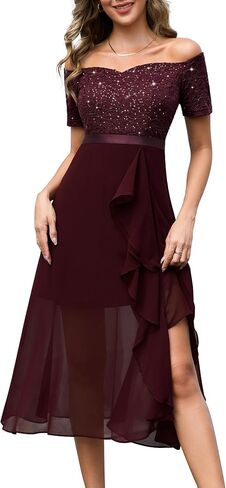 BeryLove Women Sequin Formal Party Dress Off Shoulder Wedding Cocktail Midi Evening Dress in Kuwait