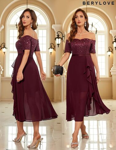 BeryLove Women Sequin Formal Party Dress Off Shoulder Wedding Cocktail Midi Evening Dress in Kuwait