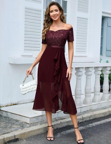 BeryLove Women Sequin Formal Party Dress Off Shoulder Wedding Cocktail Midi Evening Dress in Kuwait