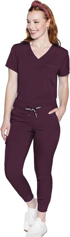 طقم فرك نسائي من Med Couture مع توب فرك برقبة على شكل حرف V MC7448 وسروال قابل للتمدد في اتجاهين 7710، النبيذ - بلوزة L/بنطلون L in Saudi Arabia