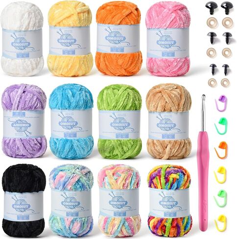12 Pack 590 (yd) Chunky Chenille Yarn for Crocheting and Hand Knitting with Black Red White Green Yellow Orange Plush Velvet Yarn，Baby Blanket Yarn for Crocheting Soft Amigurumi Yarn in Kuwait