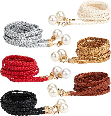 CRASPIRE 6Pcs Thin Braided Belt 3 Colors PU Leather Boho Knotted Waistband Rope 59in(150cm) Adjust Beaded Vintage Skinny Tie Trendy Decorative Woven Waist Cord for Lady Women Summer Skirt Dress in Saudi Arabia