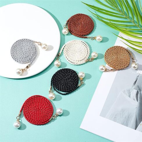 CRASPIRE 6Pcs Thin Braided Belt 3 Colors PU Leather Boho Knotted Waistband Rope 59in(150cm) Adjust Beaded Vintage Skinny Tie Trendy Decorative Woven Waist Cord for Lady Women Summer Skirt Dress in Saudi Arabia