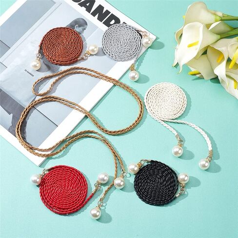 CRASPIRE 6Pcs Thin Braided Belt 3 Colors PU Leather Boho Knotted Waistband Rope 59in(150cm) Adjust Beaded Vintage Skinny Tie Trendy Decorative Woven Waist Cord for Lady Women Summer Skirt Dress in Saudi Arabia