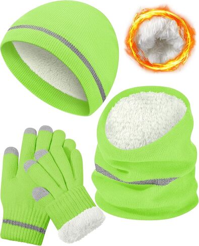 Shihanee 3 Pcs Men Hi Vis Thermal Beanie Hat Glove Neck Winter Warm Fleece Lined Reflective Stripes High Visibility Knit Cap in Saudi Arabia