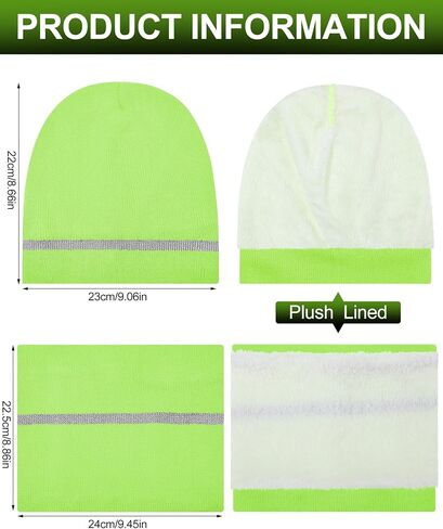 Shihanee 3 Pcs Men Hi Vis Thermal Beanie Hat Glove Neck Winter Warm Fleece Lined Reflective Stripes High Visibility Knit Cap in Saudi Arabia