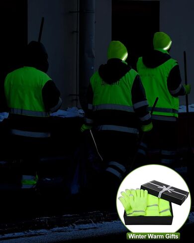 Shihanee 3 Pcs Men Hi Vis Thermal Beanie Hat Glove Neck Winter Warm Fleece Lined Reflective Stripes High Visibility Knit Cap in Saudi Arabia
