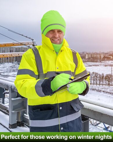 Shihanee 3 Pcs Men Hi Vis Thermal Beanie Hat Glove Neck Winter Warm Fleece Lined Reflective Stripes High Visibility Knit Cap in Saudi Arabia