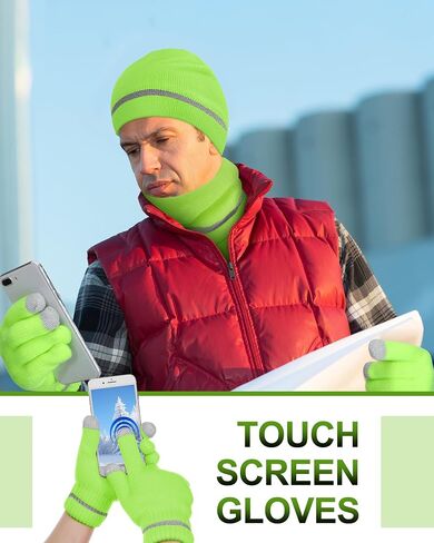 Shihanee 3 Pcs Men Hi Vis Thermal Beanie Hat Glove Neck Winter Warm Fleece Lined Reflective Stripes High Visibility Knit Cap in Saudi Arabia