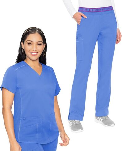 Med Couture Scrub Set for Women, 11 Pockets with V-Neck Scrub Top MC7459 and Comfortable Scrub Pants, MC7739, Ciel - L Top/L Pant in Saudi Arabia