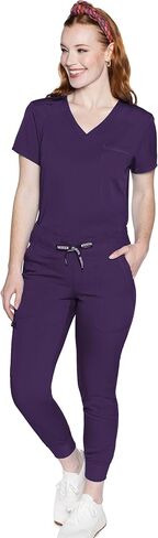 طقم تنظيف نسائي من Med Couture مع توب مقشر برقبة على شكل حرف V MC7448 وبنطلون قابل للتمدد في اتجاهين 7710، باذنجاني - توب M/بنطلون صغير الحجم in Saudi Arabia