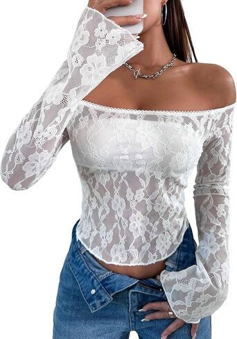 Avidlove Lace Mesh Crop Tops for Women Y2k Off Shoulder Tops Sexy Sheer Bell Long Sleeve Going Out Tops in Saudi Arabia