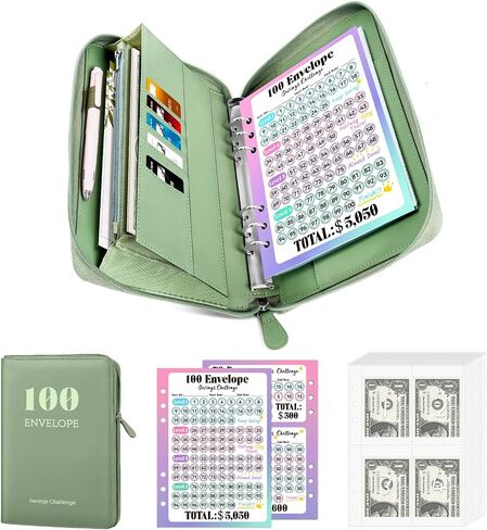 كتاب تحديات التوفير Sooez مع مساحة تخزين إضافية للجيب، إغلاق بسحاب، 100 ظرف، تحدي توفير المال، حافظة حفظ من البولي يوريثان مع مظروف نقدي ومتتبع مصفح للفاتورة النقدية، 8.3 بوصة × 10.5 بوصة، زيتوني in Kuwait