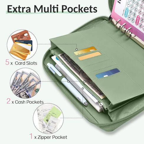 Sooez Savings Challenges Book with Extra Pocket Storage, Zipper Closure 100 Envelopes Money Saving Challenge, PU Saving Binder with Cash Envelope & Laminated Tracker for Cash Bill 8.3"x 10.5" Olive in Saudi Arabia