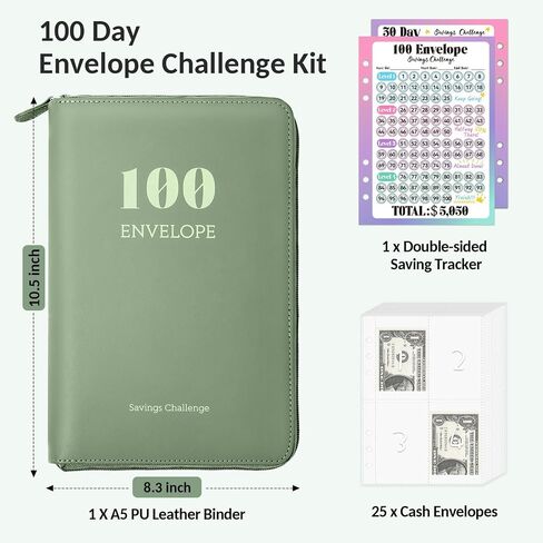 Sooez Savings Challenges Book with Extra Pocket Storage, Zipper Closure 100 Envelopes Money Saving Challenge, PU Saving Binder with Cash Envelope & Laminated Tracker for Cash Bill 8.3"x 10.5" Olive in Saudi Arabia