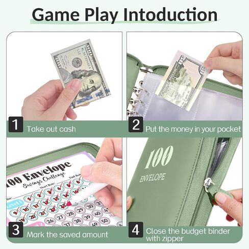 Sooez Savings Challenges Book with Extra Pocket Storage, Zipper Closure 100 Envelopes Money Saving Challenge, PU Saving Binder with Cash Envelope & Laminated Tracker for Cash Bill 8.3"x 10.5" Olive in Saudi Arabia
