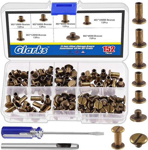 Glarks 150 Sets Bronze Chicago Screws Assorted Kit, M5 x 5mm, 6mm, 8mm, 10mm, 12mm Chicago Rivets and 4x4mm Flat Head Stud Screw, Nail Rivet Chicago Button Screw Posts Metal Accessories in Saudi Arabia