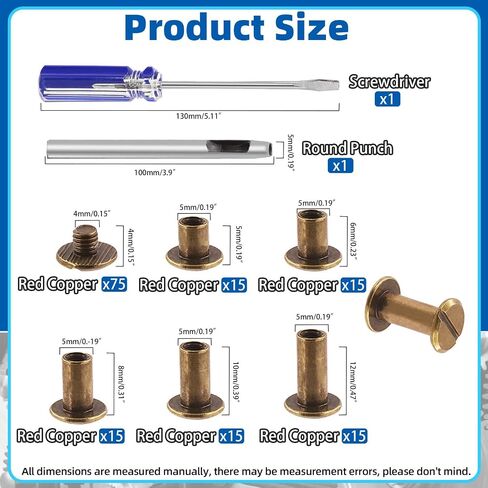 Glarks 150 Sets Bronze Chicago Screws Assorted Kit, M5 x 5mm, 6mm, 8mm, 10mm, 12mm Chicago Rivets and 4x4mm Flat Head Stud Screw, Nail Rivet Chicago Button Screw Posts Metal Accessories in Saudi Arabia