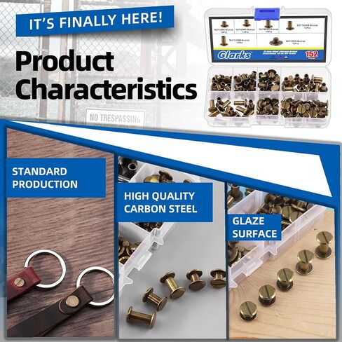 Glarks 150 Sets Bronze Chicago Screws Assorted Kit, M5 x 5mm, 6mm, 8mm, 10mm, 12mm Chicago Rivets and 4x4mm Flat Head Stud Screw, Nail Rivet Chicago Button Screw Posts Metal Accessories in Saudi Arabia